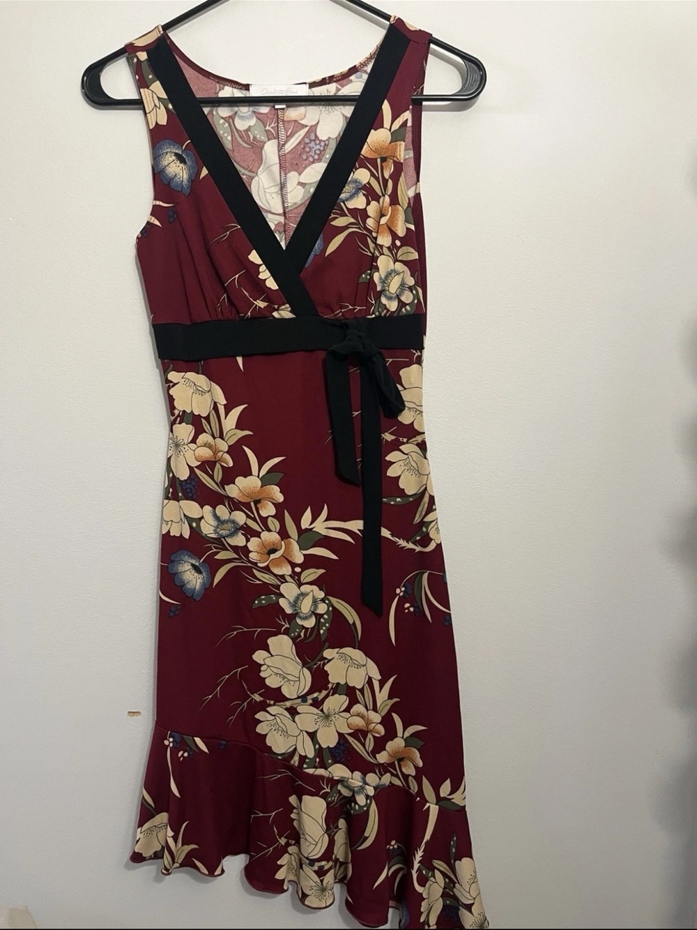 Charlotte Russe Y2K Burgundy Floral Wrap Midi Dress with Black Trim Size Small